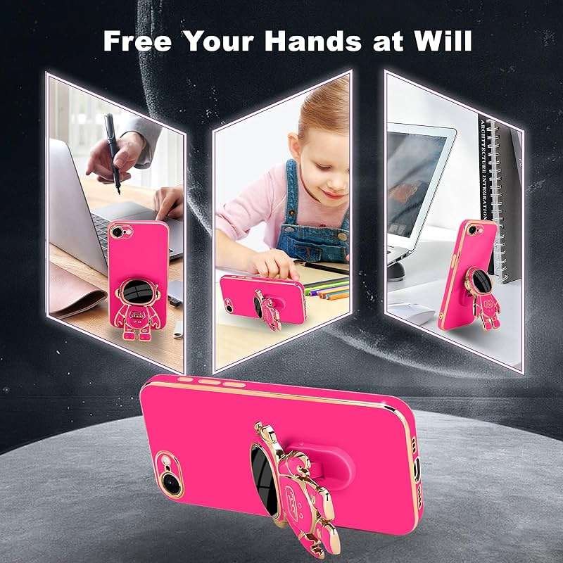 Pepmune for iPhone 17e/16e Case, Cute 3D Astronaut Stand with [2 Screen Protector] [Camera Protection] Kickstand Shockproof Bling Silicone Soft Phone Back Cover for Apple iPhone 16e/17e Case, Hot Pink - Image 4
