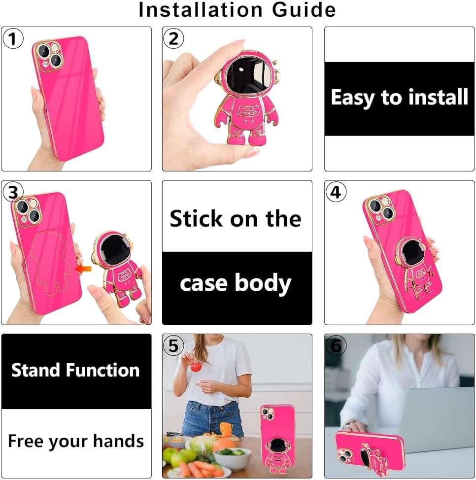 Pepmune for iPhone 17e/16e Case, Cute 3D Astronaut Stand with [2 Screen Protector] [Camera Protection] Kickstand Shockproof Bling Silicone Soft Phone Back Cover for Apple iPhone 16e/17e Case, Hot Pink - Image 6