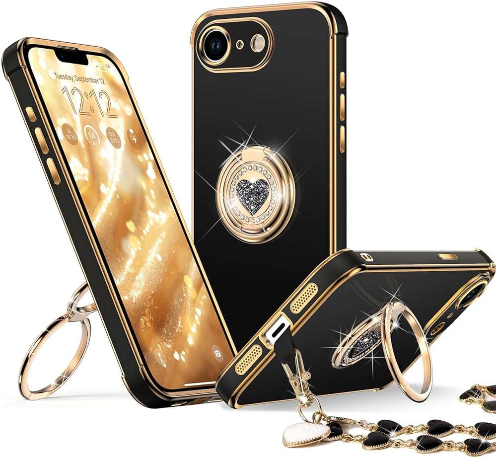 XYZ for iPhone 17e/16e Case with Stand, Phone Case with Double Ring Kickstand, Women Girls Cute Love-Heart Bling Luxury Protective Phone Cover for iPhone 17e/16e/SE 4, Black - Image 1