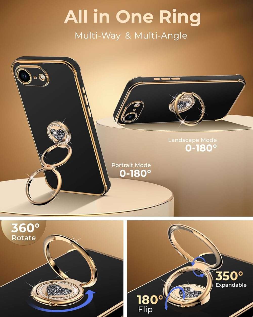 XYZ for iPhone 17e/16e Case with Stand, Phone Case with Double Ring Kickstand, Women Girls Cute Love-Heart Bling Luxury Protective Phone Cover for iPhone 17e/16e/SE 4, Black - Image 4