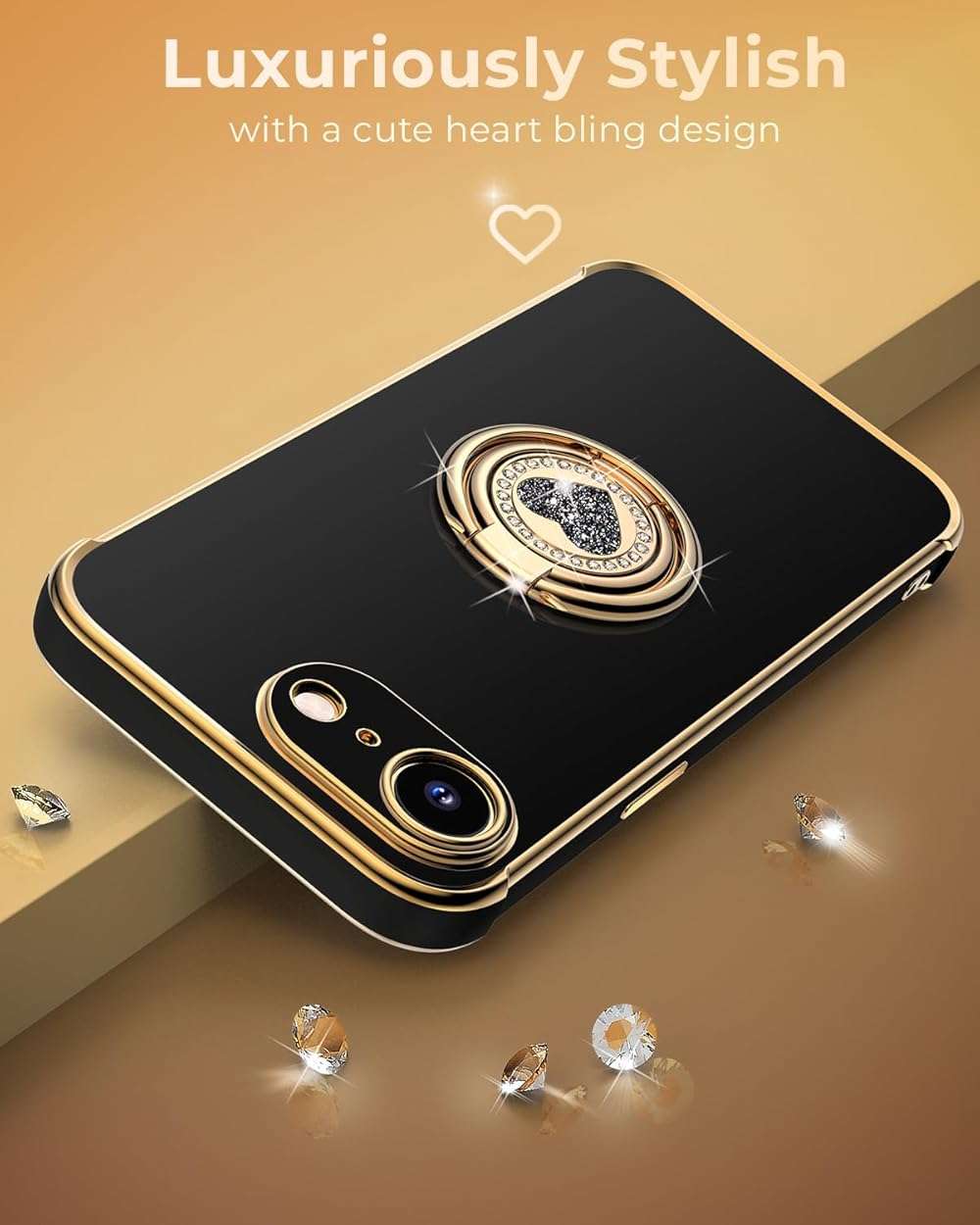 XYZ for iPhone 17e/16e Case with Stand, Phone Case with Double Ring Kickstand, Women Girls Cute Love-Heart Bling Luxury Protective Phone Cover for iPhone 17e/16e/SE 4, Black - Image 6