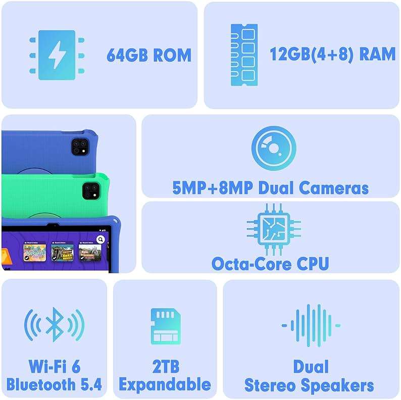 Kids Tablet: 10 Inch Android 15 Tablet for Kids, 64GB Octa-Core 6000mAh Battery, WiFi 6, Pre-Installed Kids Apps, Parental Control with EVA Protective Case – Ideal Gift for Toddler, Blue - Image 5