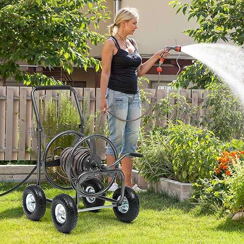 Autodaya Garden Water Hose Reel Cart - 250 ft. Capacity, 10" Pneumatic Tires, Powder-Coated Steel Frame for Tangle-Free Garden Hose Storage - Image 4