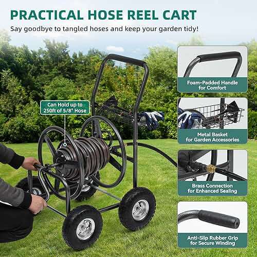 Autodaya Garden Water Hose Reel Cart - 250 ft. Capacity, 10" Pneumatic Tires, Powder-Coated Steel Frame for Tangle-Free Garden Hose Storage - Image 5