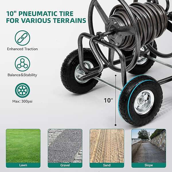 Autodaya Garden Water Hose Reel Cart - 250 ft. Capacity, 10" Pneumatic Tires, Powder-Coated Steel Frame for Tangle-Free Garden Hose Storage - Image 6