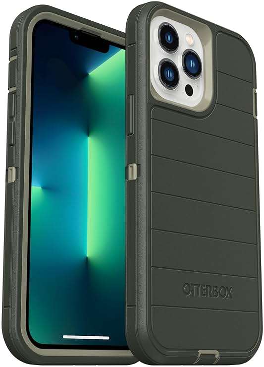 OtterBox iPhone 13 Pro Max & iPhone 12 Pro Max (Only) - Defender Series Screenless Edition Case - Lichen the Trek (Green) - Holster Clip Included - Microbial Defense Protection - Non-Retail Packaging - Image 1