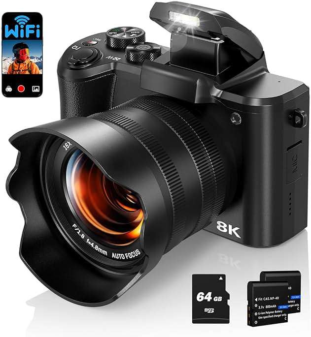 Fulealfly 8K Digital Camera for Photography, 88MP Autofocus WiFi Vlogging Camera for YouTube Video with Front and Rear Lens, Flash, Touch Screen, Lens Hood, 64GB Card, 2 Batteries(Black) - Image 1