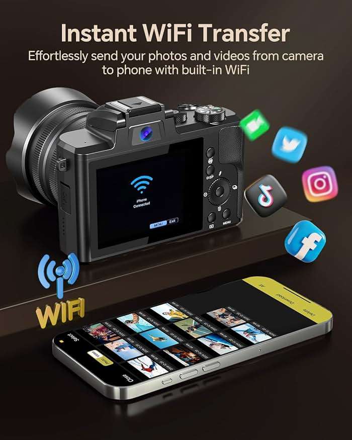 Fulealfly 8K Digital Camera for Photography, 88MP Autofocus WiFi Vlogging Camera for YouTube Video with Front and Rear Lens, Flash, Touch Screen, Lens Hood, 64GB Card, 2 Batteries(Black) - Image 4