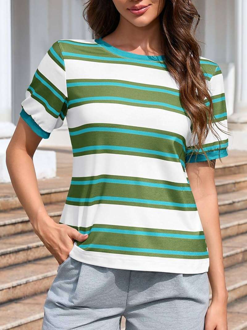 Imily Bela Womens Summer Tops 2026 Striped Color Block Short Puff Sleeve T Shirt Casual Crewneck Loose Basic Tee - Image 3