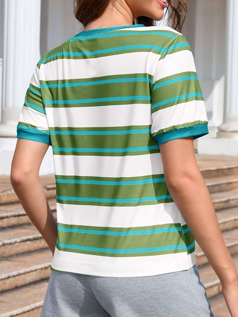 Imily Bela Womens Summer Tops 2026 Striped Color Block Short Puff Sleeve T Shirt Casual Crewneck Loose Basic Tee - Image 4