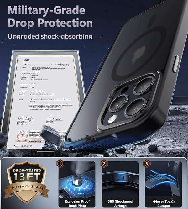 Newfuture Designed for iPhone 13 Pro Max Case with Magnetic [13 FT Military Drop Protection] [Compatible with Magsafe] Slim Translucent Matte Shockproof with Anti-Fingerprint Phone Case, Black - Image 5