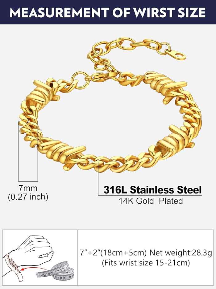 Bandmax Barbed Wire Chain Bracelets for Men Women Stainless Steel/Black/Gold Thorn Cuban Link Bracelet Adjustable Punk Emo Style Jewelry Gift - Image 6