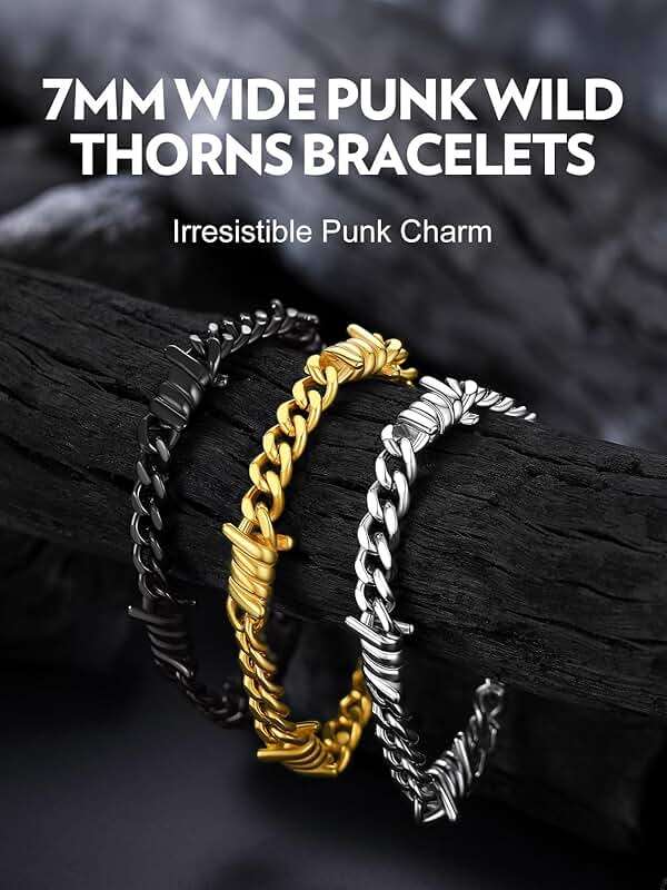 Bandmax Barbed Wire Chain Bracelets for Men Women Stainless Steel/Black/Gold Thorn Cuban Link Bracelet Adjustable Punk Emo Style Jewelry Gift - Image 9