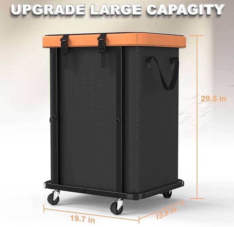 150L (40 Gal) Large Fashion Laundry Basket with Wheels, Leather Patchwork Rolling Hamper Carts, Sturdy Metal Frame, Removable Washable Bag, Tall Clothes Sorter for Bedroom, Laundry Room - Black - Image 2