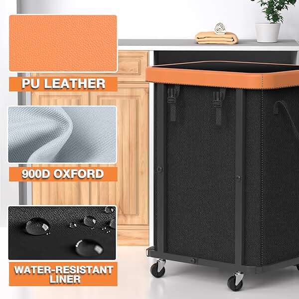 150L (40 Gal) Large Fashion Laundry Basket with Wheels, Leather Patchwork Rolling Hamper Carts, Sturdy Metal Frame, Removable Washable Bag, Tall Clothes Sorter for Bedroom, Laundry Room - Black - Image 3