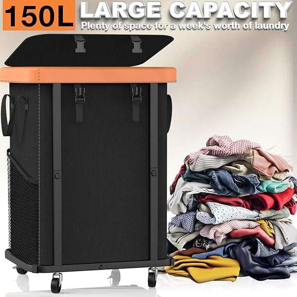 150L (40 Gal) Large Fashion Laundry Basket with Wheels, Leather Patchwork Rolling Hamper Carts, Sturdy Metal Frame, Removable Washable Bag, Tall Clothes Sorter for Bedroom, Laundry Room - Black - Image 4