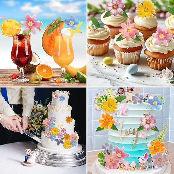 Morofme 60pcs Edible Flower Cake Decorations Wafer Paper Flowers Hawaiian Cake Decor Tropical Cupcake Toppers Mixed Size for Aloha Summer Birthday Party Supplies - Image 5