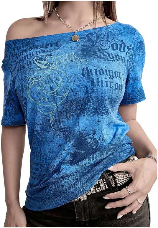 SOLY HUX Women's Y2k Goth Graphic Tees Off The Shoulder Short Sleeve Vintage T Shirt Streetwear Summer Going Out Tops - Image 1