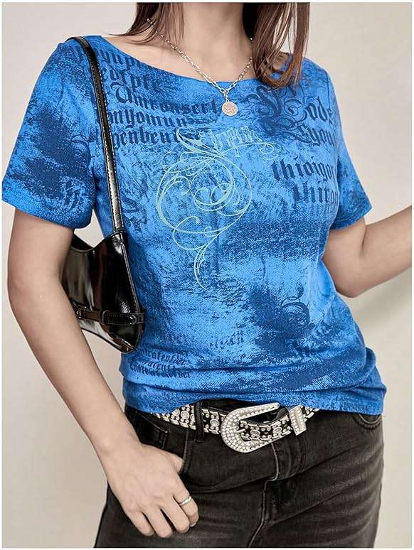 SOLY HUX Women's Y2k Goth Graphic Tees Off The Shoulder Short Sleeve Vintage T Shirt Streetwear Summer Going Out Tops - Image 2