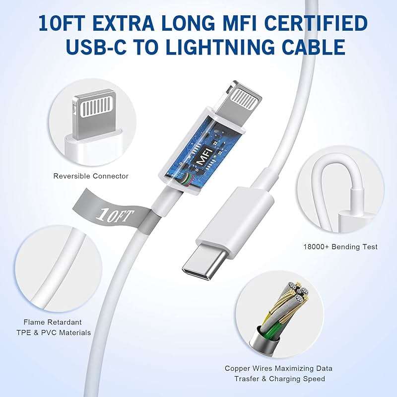 Fast iPhone Charger, [MFi Certified] 2Pack 10FT Extra Long Quick USB C to Lightning Cable Cords + 20W PD USB C Charger Block Fast iPhone Charging Adapter for iPhone 14 Pro Max/Plus/13/12/11/XS/XR/X/SE - Image 4