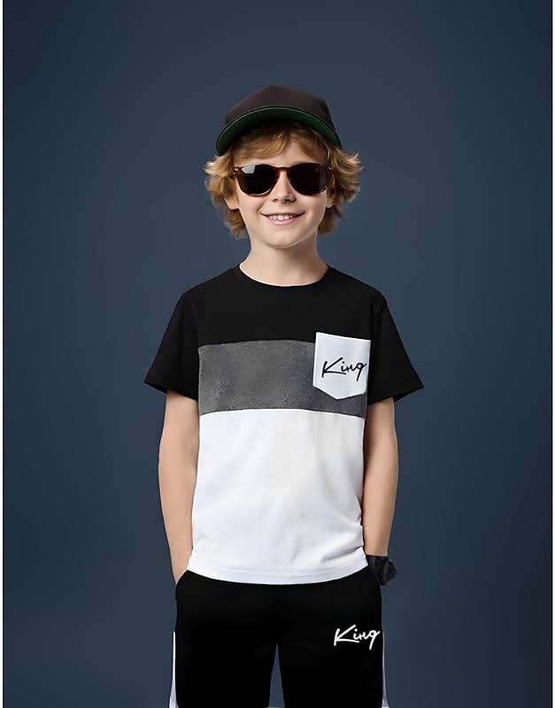 Vitalique Size 6-12 Years Boys Summer Outfits Set Kids Short Sleeve Top T-Shirt & Shorts Color Block Clothing Sets - Image 2