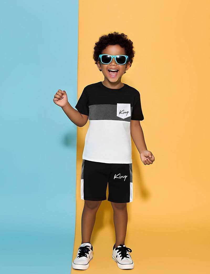 Vitalique Size 6-12 Years Boys Summer Outfits Set Kids Short Sleeve Top T-Shirt & Shorts Color Block Clothing Sets - Image 3
