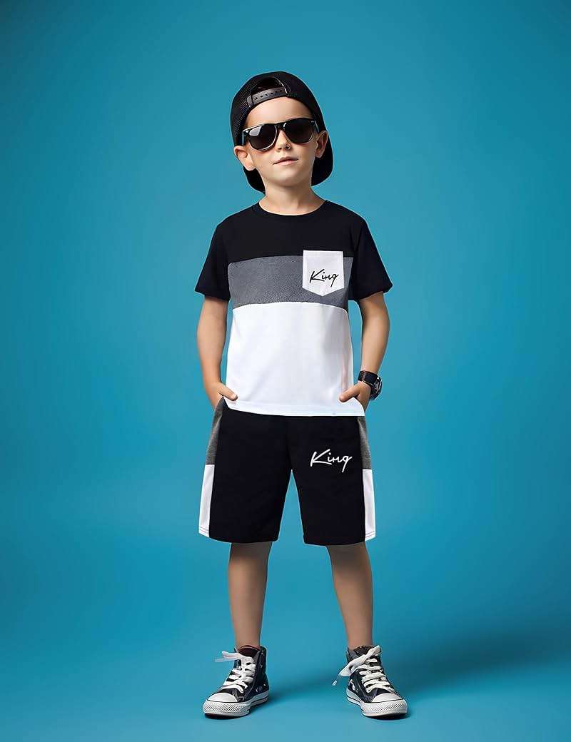 Vitalique Size 6-12 Years Boys Summer Outfits Set Kids Short Sleeve Top T-Shirt & Shorts Color Block Clothing Sets - Image 4