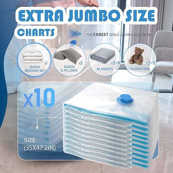 10 Pack XXL Jumbo Vacuum Storage Bags with Electric Air Pump, Space Saver Bags,Compression for Comforters and Blankets,Duvets,Pillows,Travel(47.2x35 in) - Image 2