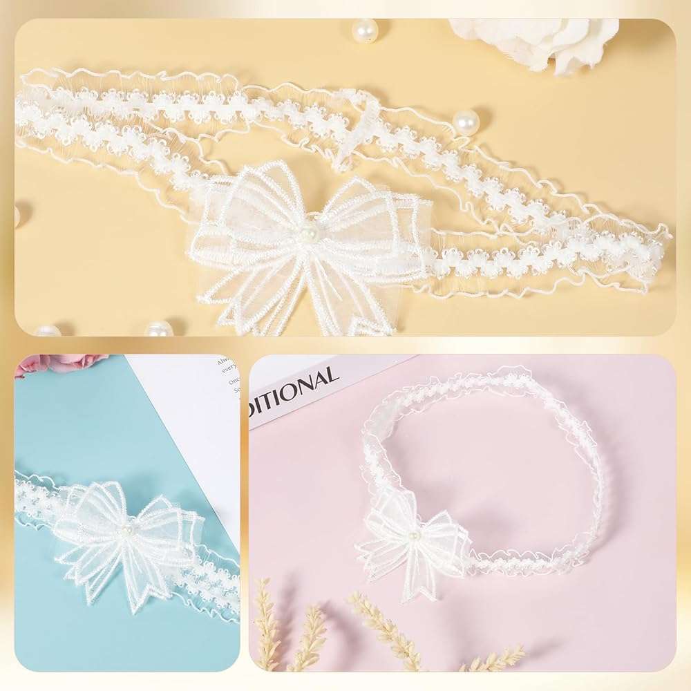 White Lace Bow Floral Garters, Wedding Garters for Bride Vintage Pearl Lace Garter Bowknot Stretch Thigh Garter Elastic Leg Garters Wedding Party Porm Body Accessories for Women Girls - Image 3