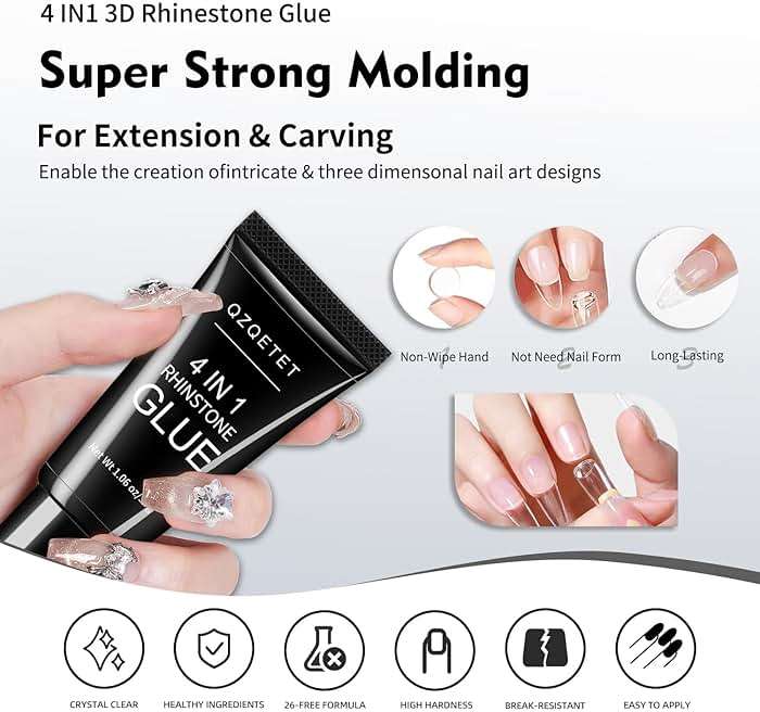 4-in-1 Rhinestone Nail Glue Gel and Chrome Powder Kit, 30g Super Strong Adhesive for Nail Art Crystals, Charms, Gems, Beads, Sequins – Long-Lasting 3D Nail Art Gel Glue for Acrylic & Gel Nails - Image 3