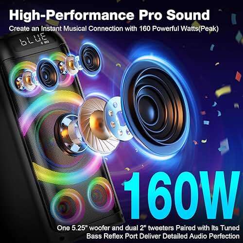 BOHINI Bluetooth Speaker, 160W Peak Powerful Loud Stereo Sound Deep Bass Wireless Boombox Portable Large Party Speakers with Subwoofer TWS Pairing Dynamic LED Light for Outdoor Camping Backyard Events - Image 2