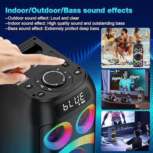 BOHINI Bluetooth Speaker, 160W Peak Powerful Loud Stereo Sound Deep Bass Wireless Boombox Portable Large Party Speakers with Subwoofer TWS Pairing Dynamic LED Light for Outdoor Camping Backyard Events - Image 4