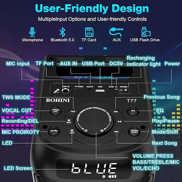 BOHINI Bluetooth Speaker, 160W Peak Powerful Loud Stereo Sound Deep Bass Wireless Boombox Portable Large Party Speakers with Subwoofer TWS Pairing Dynamic LED Light for Outdoor Camping Backyard Events - Image 9