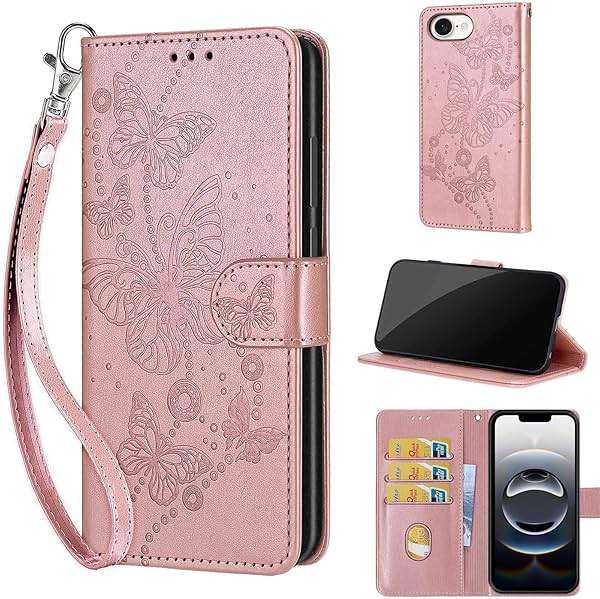 KENHONER Wallet Case for iPhone 17e / iPhone 16e, Rose Gold Butterfly | Women Flip Folio Cover, Embossed PU Leather, Stand, Credit Card Holders Slots, Wrist Strap - Image 1