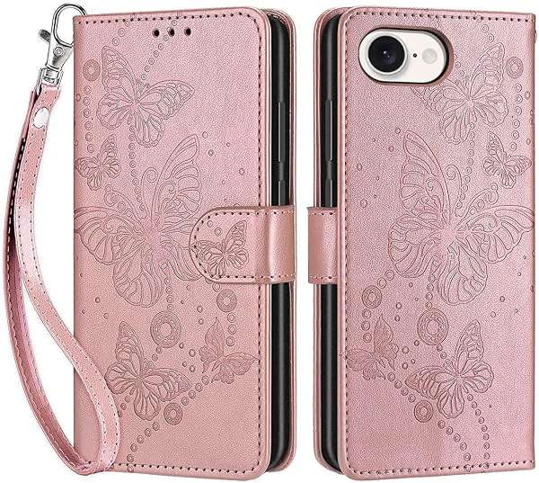 KENHONER Wallet Case for iPhone 17e / iPhone 16e, Rose Gold Butterfly | Women Flip Folio Cover, Embossed PU Leather, Stand, Credit Card Holders Slots, Wrist Strap - Image 3