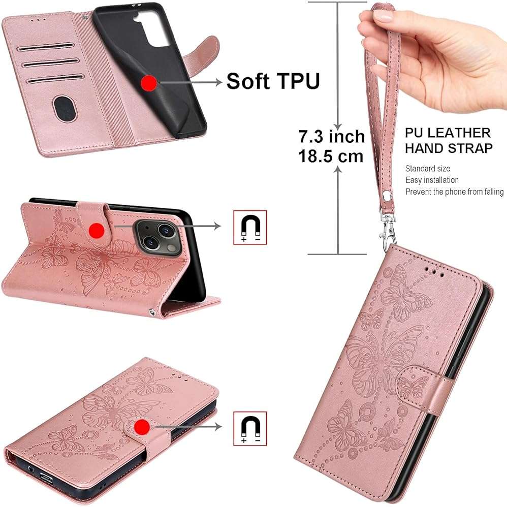 KENHONER Wallet Case for iPhone 17e / iPhone 16e, Rose Gold Butterfly | Women Flip Folio Cover, Embossed PU Leather, Stand, Credit Card Holders Slots, Wrist Strap - Image 4