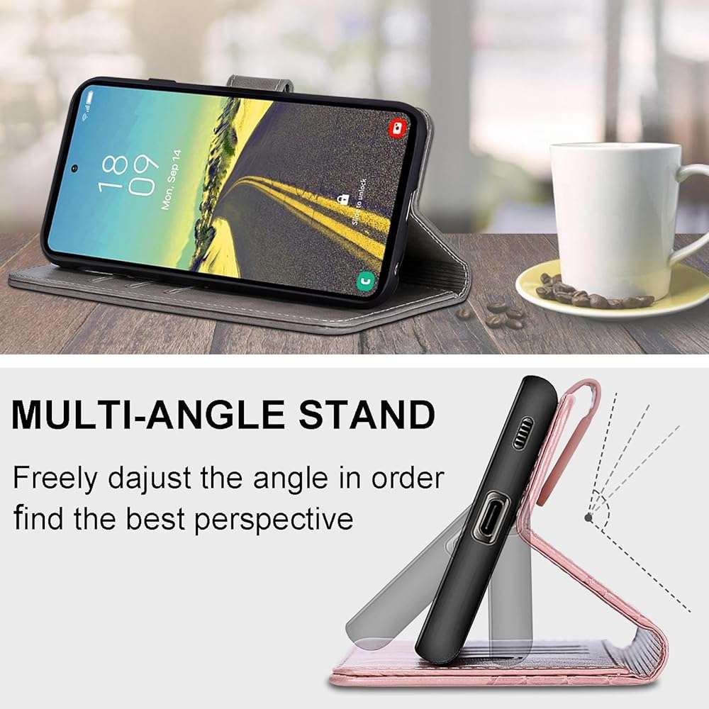 KENHONER Wallet Case for iPhone 17e / iPhone 16e, Rose Gold Butterfly | Women Flip Folio Cover, Embossed PU Leather, Stand, Credit Card Holders Slots, Wrist Strap - Image 6