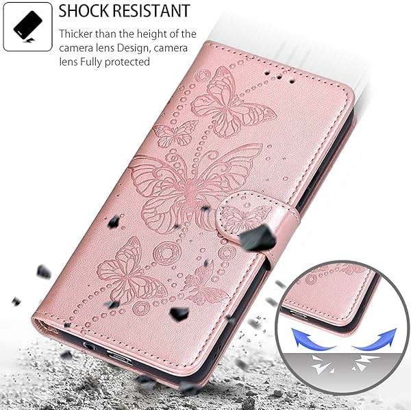 KENHONER Wallet Case for iPhone 17e / iPhone 16e, Rose Gold Butterfly | Women Flip Folio Cover, Embossed PU Leather, Stand, Credit Card Holders Slots, Wrist Strap - Image 7