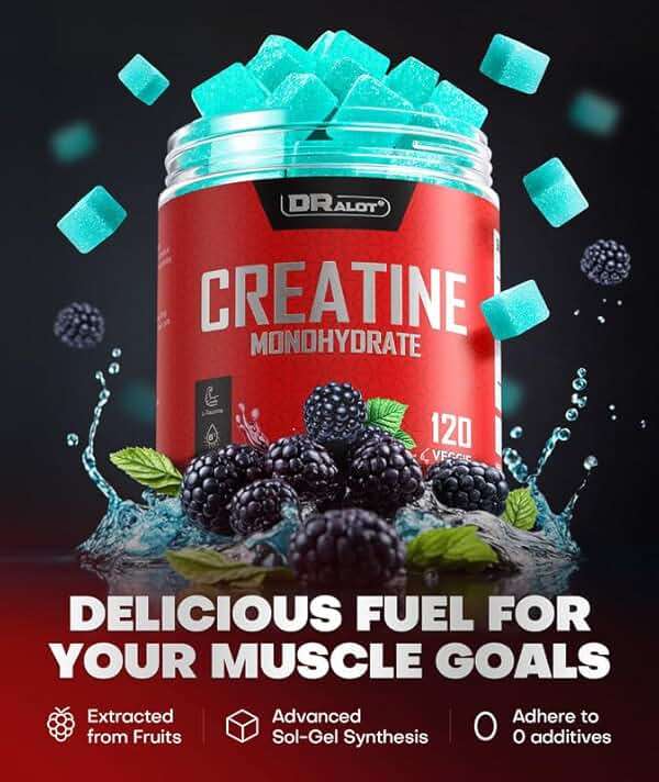 Dralot 99.99% Creatine Monohydrate Gummies More 15% Strength, 5X Energy & Muscle Support Pre-Workout Complex Creatine for Women & Men with 5000mg Creatine, L-Taurine, B12, Mg and K, Vegan - Image 4