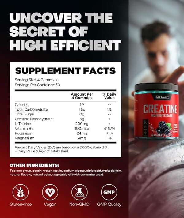 Dralot 99.99% Creatine Monohydrate Gummies More 15% Strength, 5X Energy & Muscle Support Pre-Workout Complex Creatine for Women & Men with 5000mg Creatine, L-Taurine, B12, Mg and K, Vegan - Image 5
