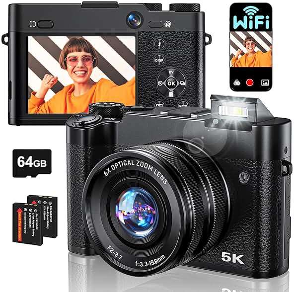 Digital Camera, 6X Optical Zoom & WiFi, 5K 30FPS 64MP Vlogging Camera, Rear and Front Cameras for Photography and Video, Autofocus & Anti-Shake, Travel Selfie for YouTube with Flash Dial 64GB Card - Image 1