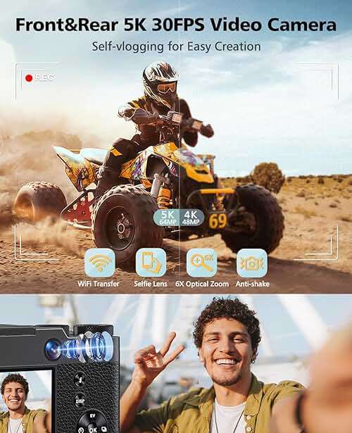 Digital Camera, 6X Optical Zoom & WiFi, 5K 30FPS 64MP Vlogging Camera, Rear and Front Cameras for Photography and Video, Autofocus & Anti-Shake, Travel Selfie for YouTube with Flash Dial 64GB Card - Image 2