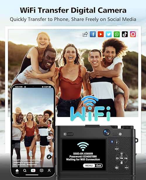 Digital Camera, 6X Optical Zoom & WiFi, 5K 30FPS 64MP Vlogging Camera, Rear and Front Cameras for Photography and Video, Autofocus & Anti-Shake, Travel Selfie for YouTube with Flash Dial 64GB Card - Image 4