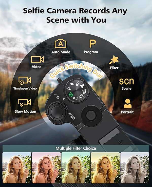 Digital Camera, 6X Optical Zoom & WiFi, 5K 30FPS 64MP Vlogging Camera, Rear and Front Cameras for Photography and Video, Autofocus & Anti-Shake, Travel Selfie for YouTube with Flash Dial 64GB Card - Image 5