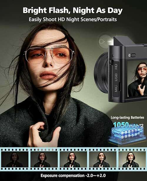 Digital Camera, 6X Optical Zoom & WiFi, 5K 30FPS 64MP Vlogging Camera, Rear and Front Cameras for Photography and Video, Autofocus & Anti-Shake, Travel Selfie for YouTube with Flash Dial 64GB Card - Image 6