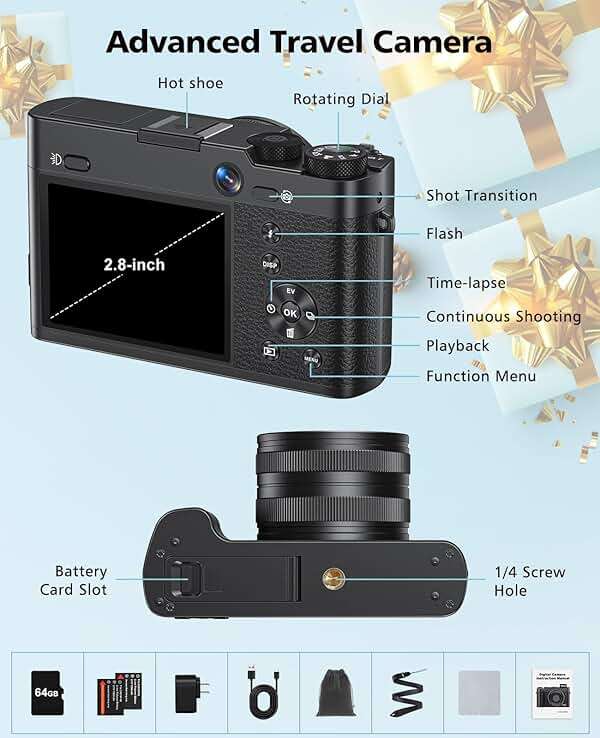 Digital Camera, 6X Optical Zoom & WiFi, 5K 30FPS 64MP Vlogging Camera, Rear and Front Cameras for Photography and Video, Autofocus & Anti-Shake, Travel Selfie for YouTube with Flash Dial 64GB Card - Image 7