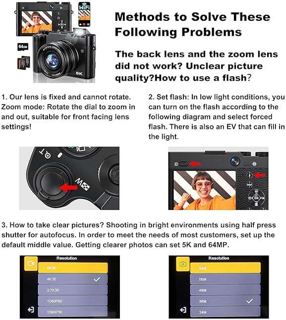Digital Camera, 6X Optical Zoom & WiFi, 5K 30FPS 64MP Vlogging Camera, Rear and Front Cameras for Photography and Video, Autofocus & Anti-Shake, Travel Selfie for YouTube with Flash Dial 64GB Card - Image 8
