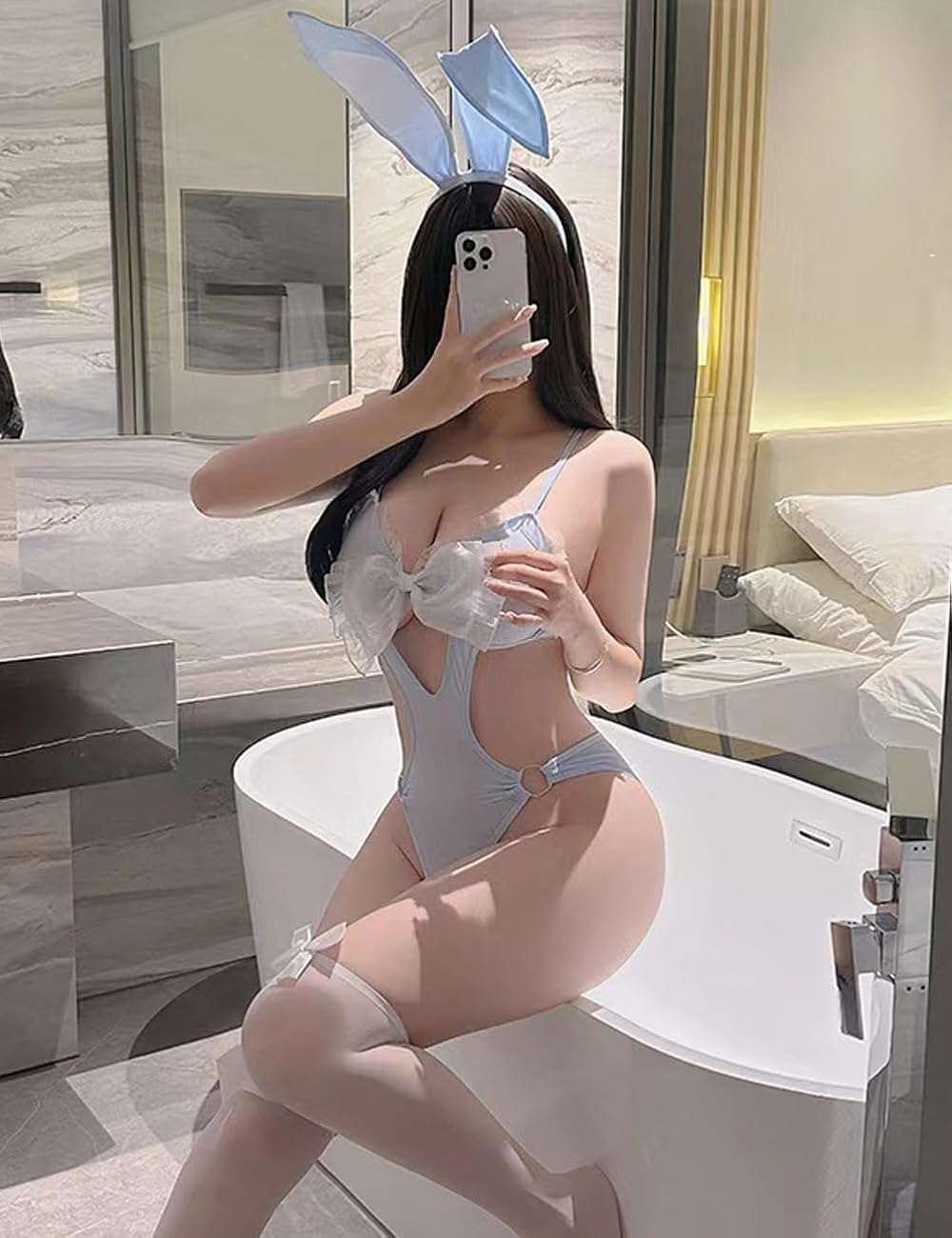 Oludkeph Women Sexy Cosplay Lingerie Bunny Anime Bow Mesh Plush One Piece Bodysuit for Costume Cosplay Party - Image 2