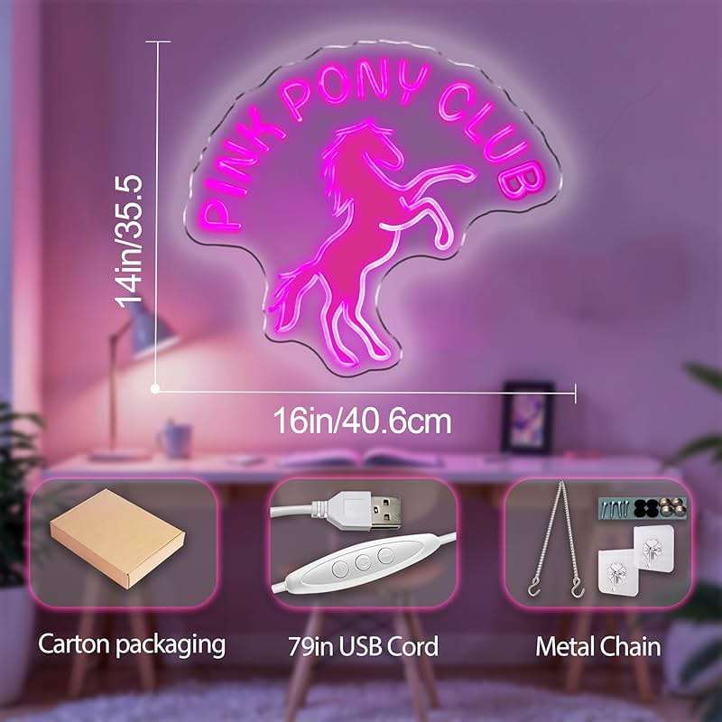 DUOLIYBC Custom Pony Club LED Neon Sign – USB Powered, Dimmable Pink Light for Cowgirl Room or Club Decor, Personalized Color Option, 16″ × 14″ - Image 4