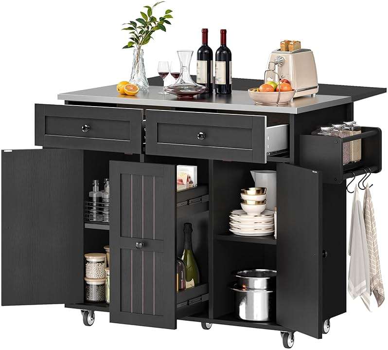 DWVO Kitchen Island on Wheels, Mobile Kitchen Island Cart with Folding Drop Leaf Breakfast Bar, Island Table for Kitchen with Large Storage Cabinets, Racks, Drawers and Adjustable Shelves, Black - Image 2